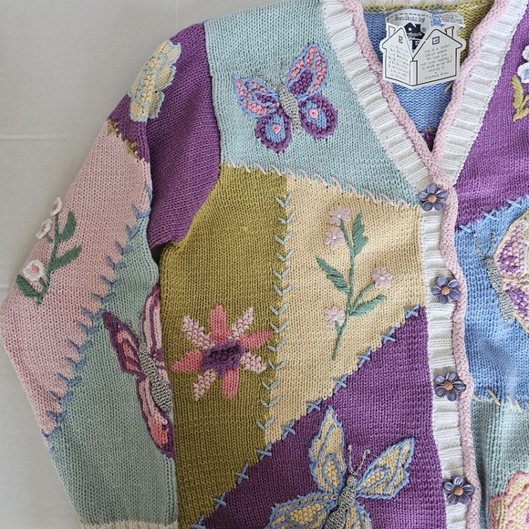 NWT Vtg Storybook Knits Butterfly & Floral Patchwork Sweater Cardigan Size L 90s - Picture 7 of 16